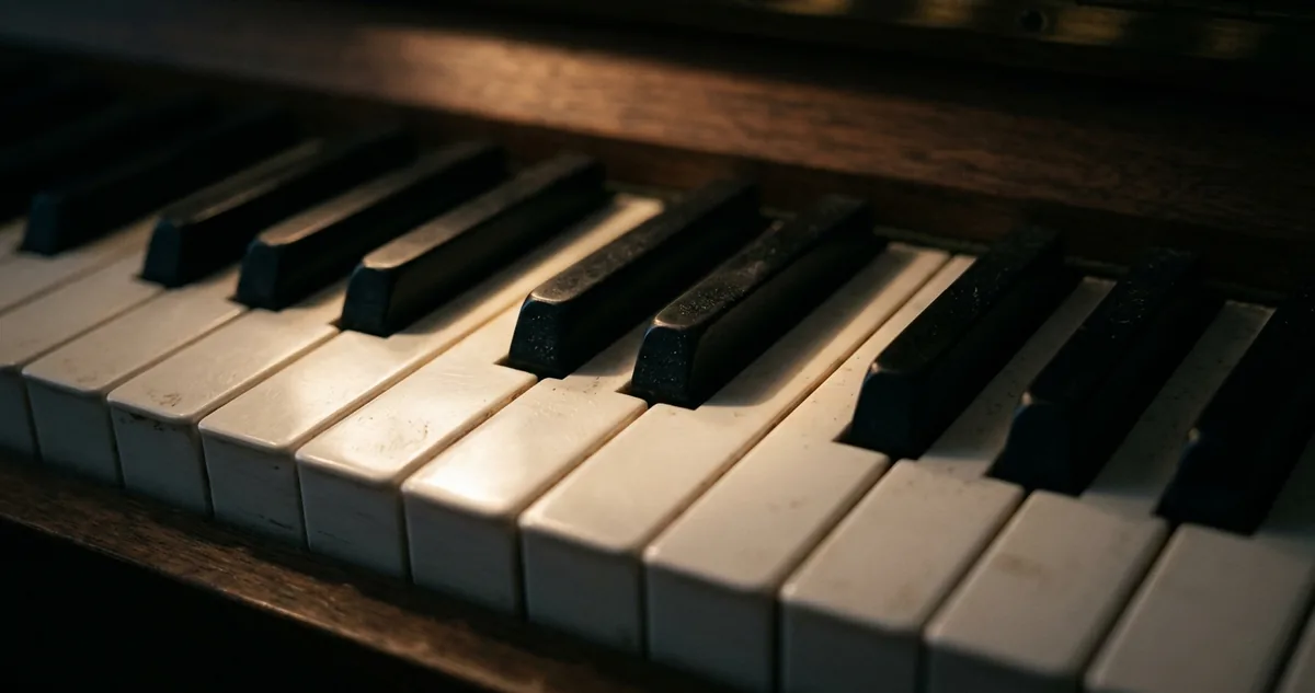 Close de um teclado com o par de duas teclas pretas em foco e a tecla branca colada à esquerda delas iluminada, sem pessoas.