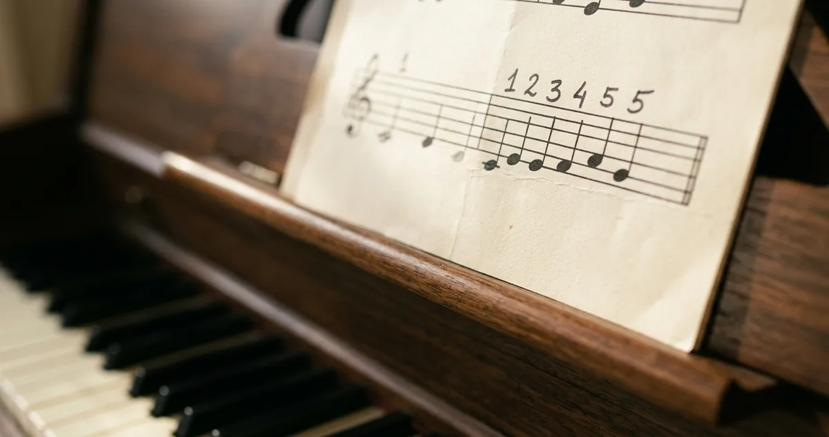 Close de uma cifra simplificada apoiada na estante do teclado, com os números de 1 a 5 impressos acima das notas, sem pessoas.
