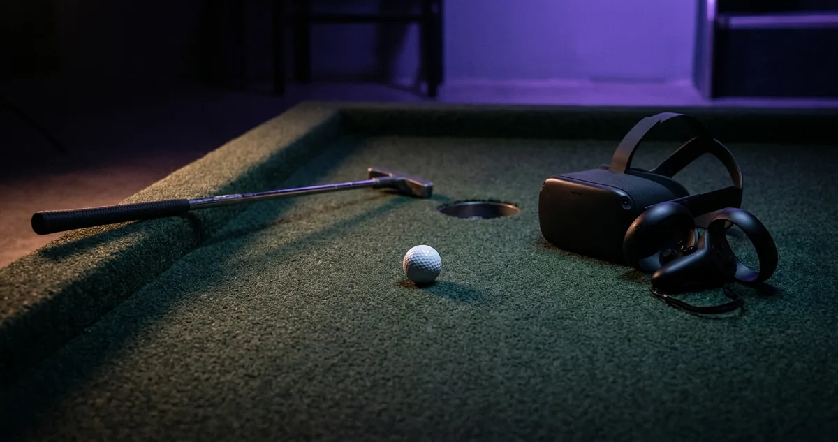 Um taco de minigolfe apoiado na borda de um green de feltro, bola branca parada perto do buraco e um óculos de realidade virtual descansando na grama ao lado.