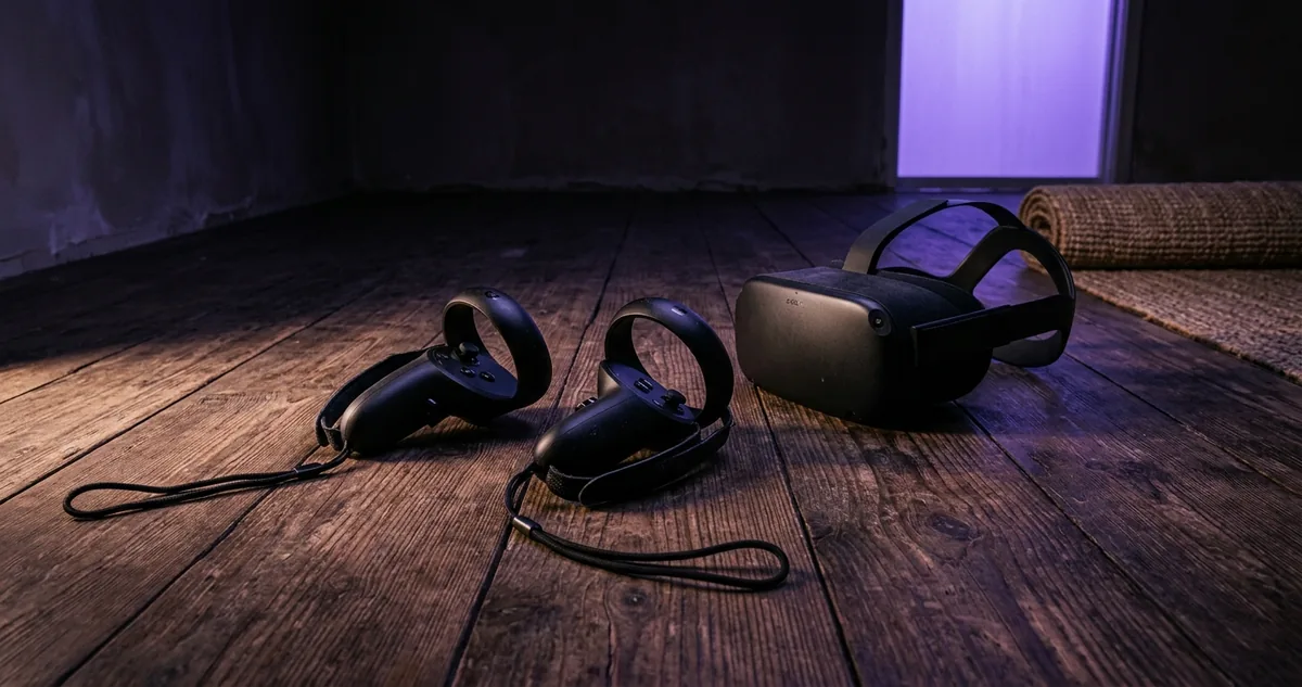 Dois controles de realidade virtual com alça de pulso largados no piso de madeira de uma sala vazia e um óculos preto apoiado ao lado.