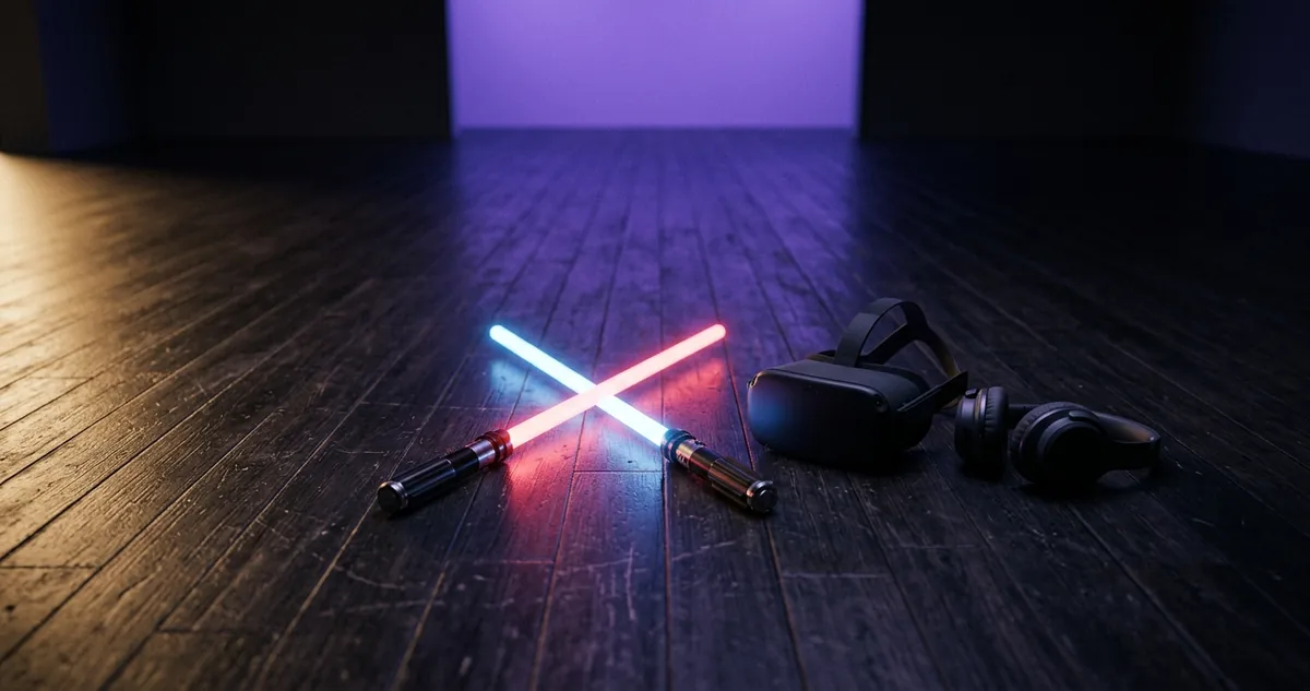 Dois sabres de luz curtos cruzados no piso de madeira de uma sala vazia, com um óculos de realidade virtual preto apoiado ao lado.