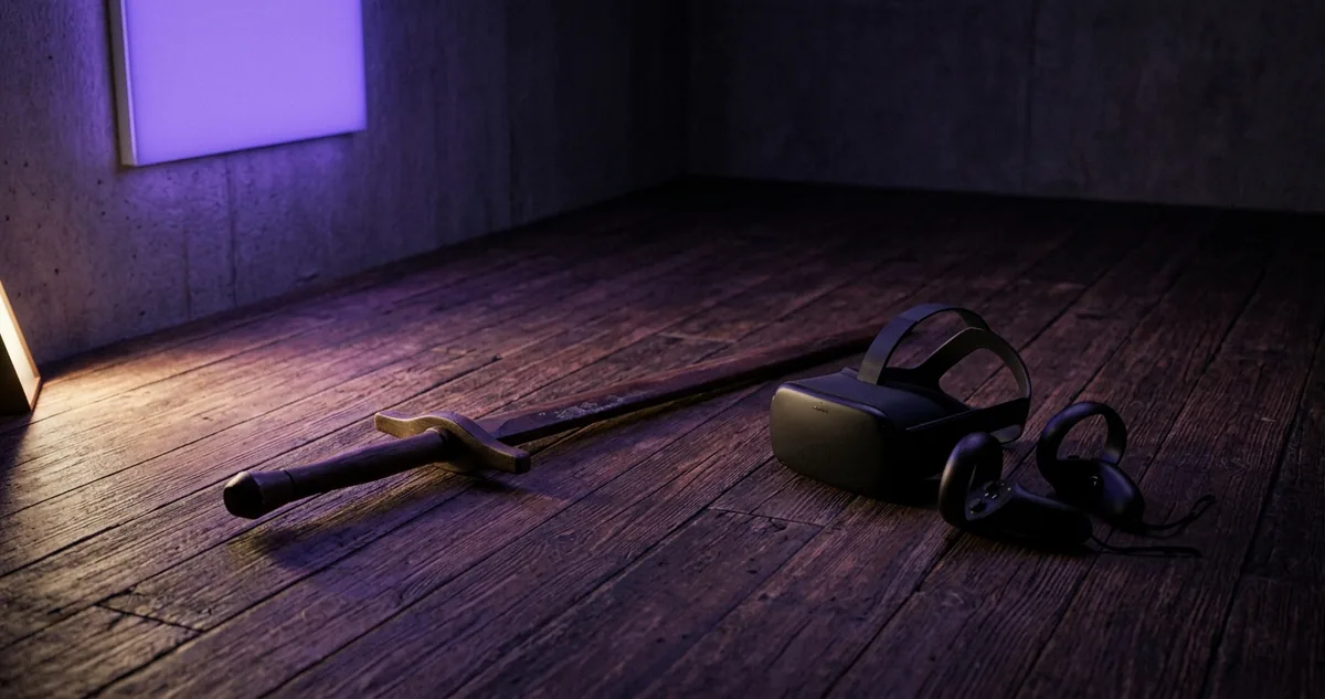 Uma espada curta de treino largada no piso de madeira de uma sala vazia, com um óculos de realidade virtual preto e dois controles apoiados ao lado.