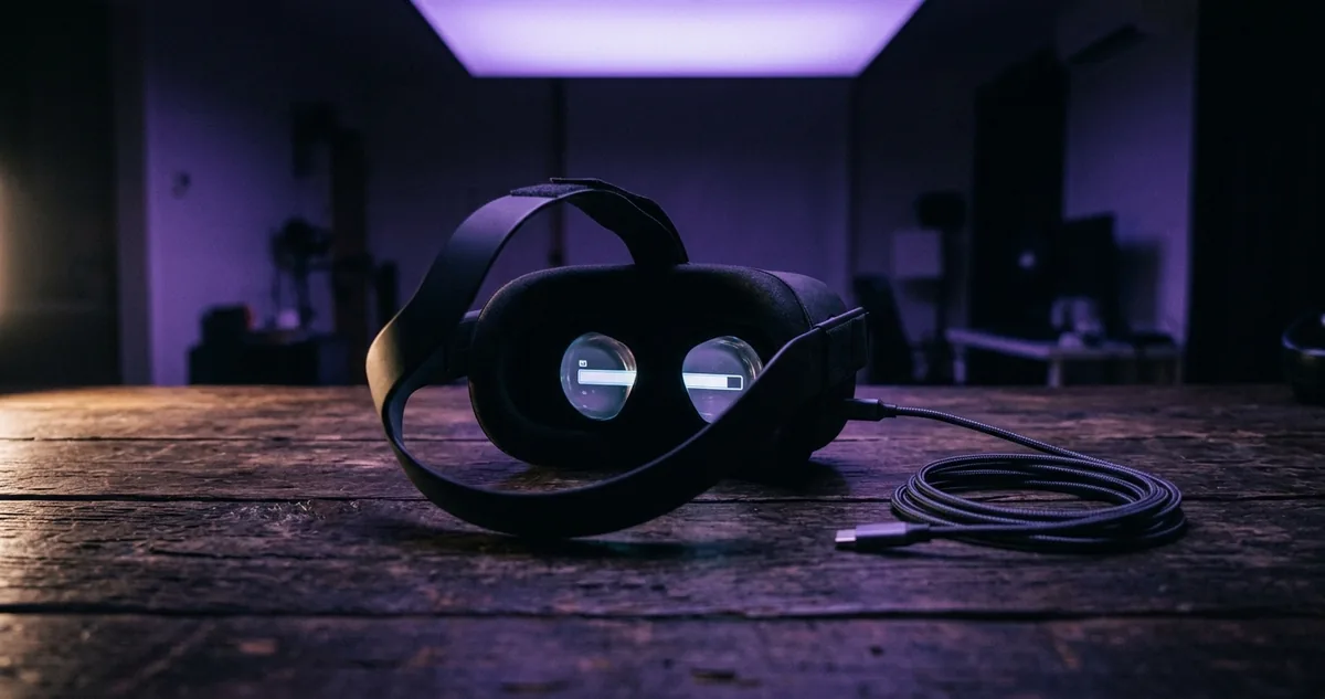 Um óculos de realidade virtual preto pousado sobre uma mesa de madeira, com a tela interna acesa mostrando uma barra de armazenamento quase cheia e um cabo de carregamento enrolado ao lado.