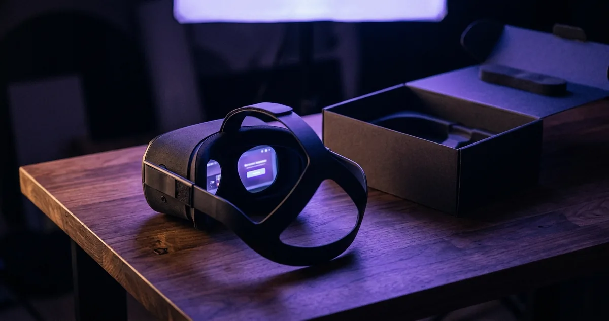 Um óculos de realidade virtual preto pousado sobre uma mesa de madeira, com a tela interna acesa mostrando a página de uma loja e um botão de resgate destacado, ao lado da caixa do aparelho aberta e vazia.