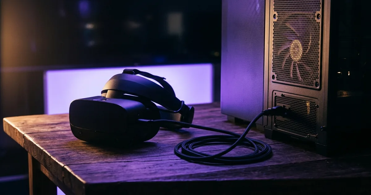 Um óculos de realidade virtual preto pousado sobre uma mesa de madeira, com um cabo grosso saindo dele e entrando na lateral de um gabinete de computador aceso ao lado.