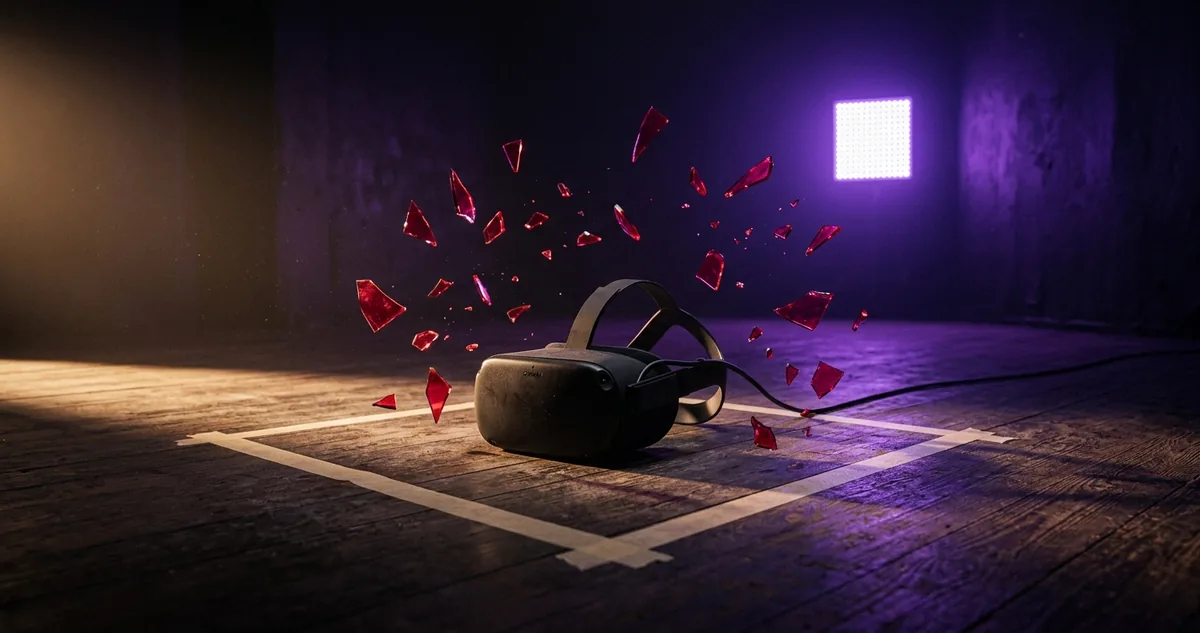 Um óculos de realidade virtual preto pousado no centro de um quadrado marcado com fita crepe no chão de uma sala vazia, com estilhaços de vidro vermelho suspensos parados no ar em volta dele.