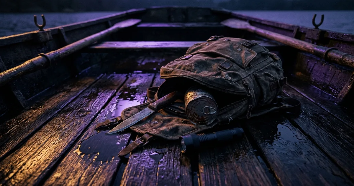 Uma mochila de lona surrada aberta no assoalho de um barco a remo, com uma faca, uma lata amassada e uma lanterna apagada caídas do bolso principal, numa poça de água parada.