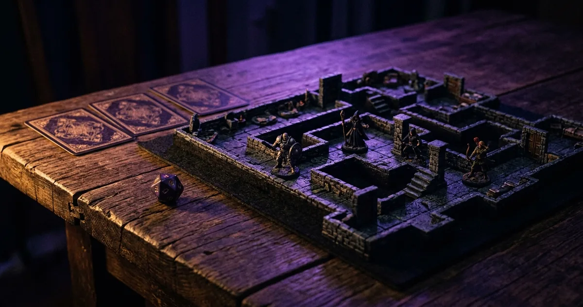 Um tabuleiro de masmorra em miniatura montado sobre uma mesa de madeira, com quatro peças pintadas em casas diferentes e um dado de oito lados caído ao lado.