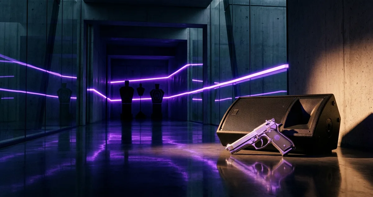 Corredor de neon atravessado por faixas de luz, com uma pistola prateada sobre um alto-falante de palco.