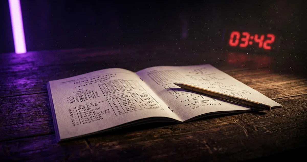 Manual grampeado aberto na mesa, ao lado de um relógio vermelho desfocado.