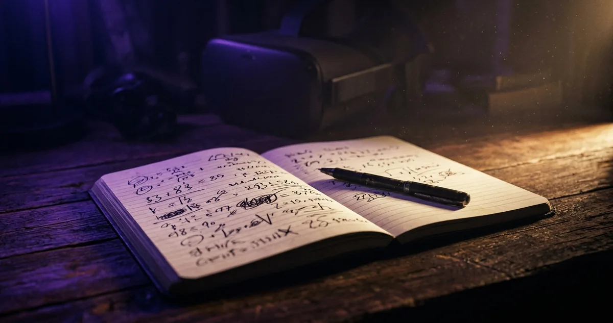 Caderno pautado aberto na mesa, com números anotados à mão ao lado do visor.