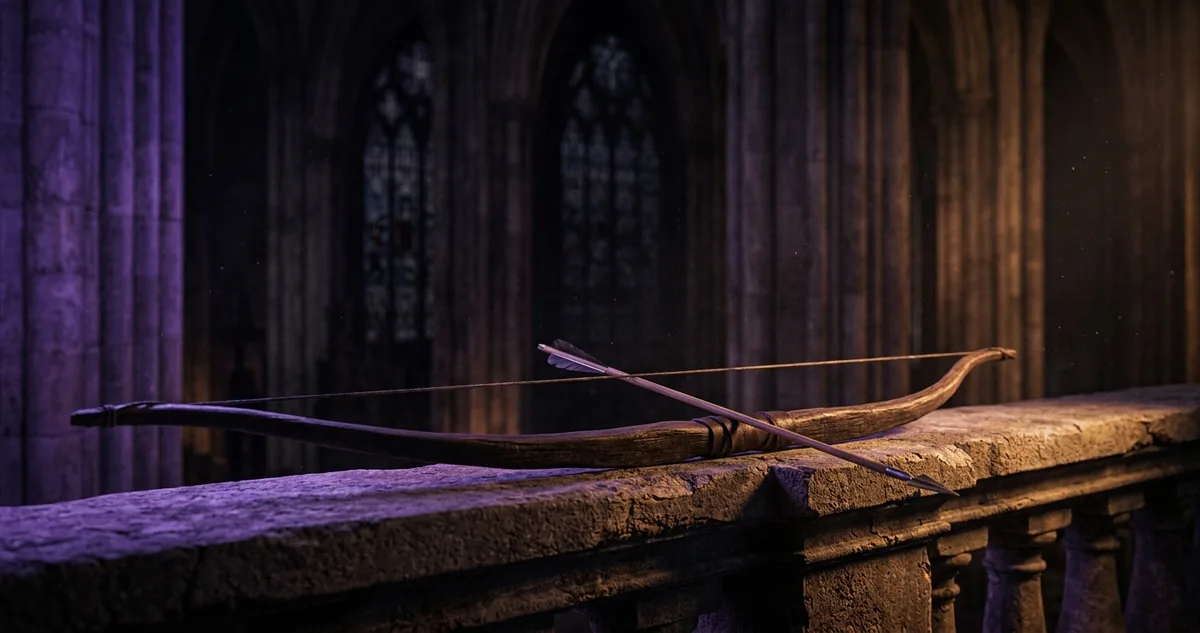 Arco longo com uma flecha encaixada, apoiado na balaustrada de pedra de uma catedral gótica.