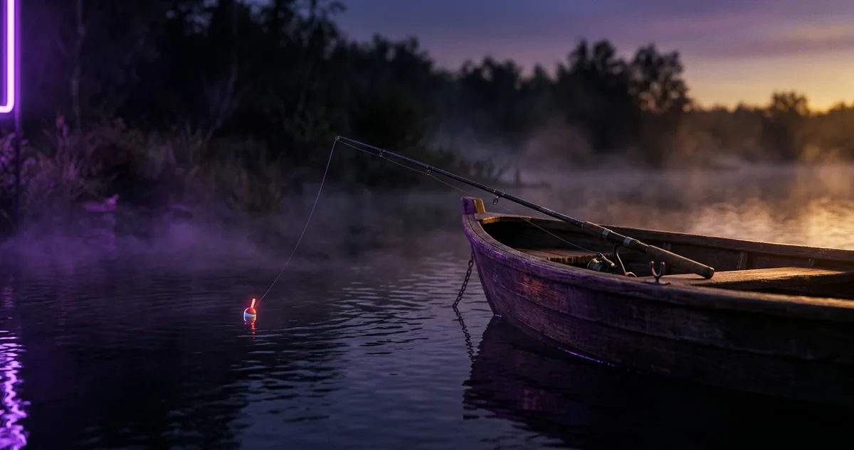 Vara apoiada na borda do barco, com a boia parada no lago ao entardecer.