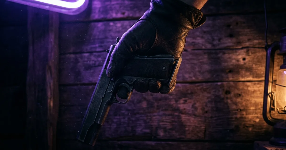 Mão enluvada encaixando o pente da pistola sobre madeira velha de celeiro.