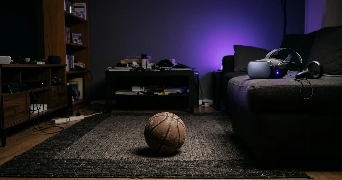 Bola de basquete diante de um aro numa quadra de asfalto.