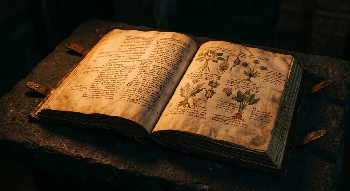 O Manuscrito Voynich aberto sobre pedra escura, sob luz âmbar focal