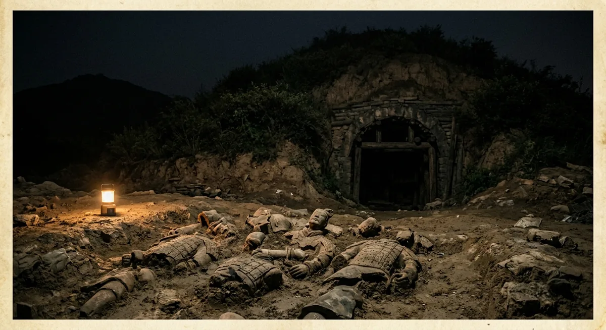 Túmulo selado de Qin Shi Huang no sopé do Monte Li, com fragmentos do exército de terracota em primeiro plano