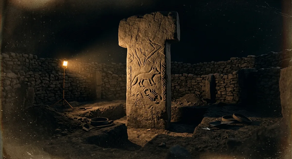 Pilar em T de calcário de Göbekli Tepe, com relevo de raposa e escorpião, sob luz âmbar focal