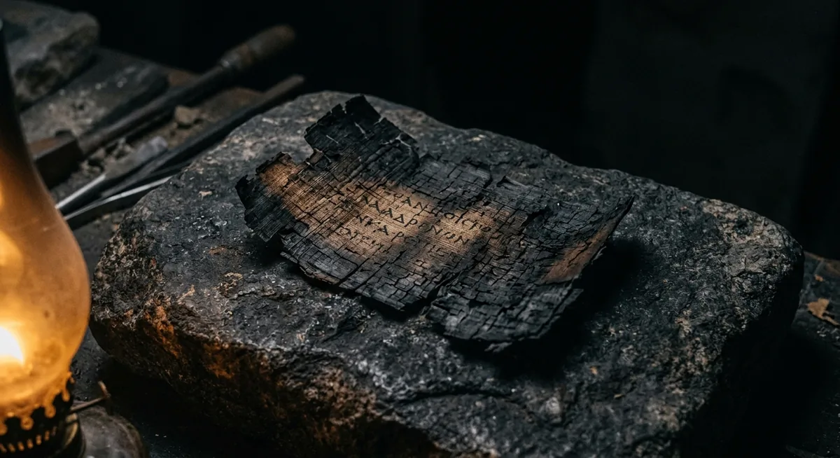 Fragmento de papiro carbonizado sobre pedra escura, sob luz âmbar focal, letras gregas quase ilegíveis na superfície queimada