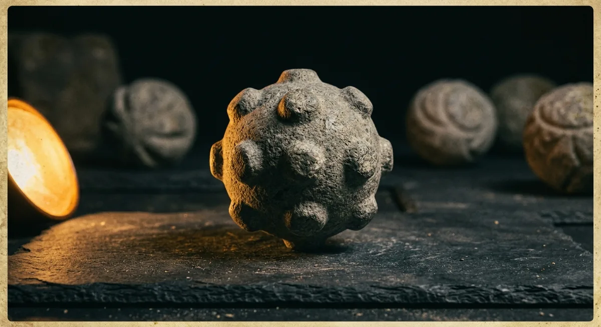 Bola de pedra esculpida do Neolítico escocês, com saliências geométricas, sob luz âmbar focal num fundo escuro