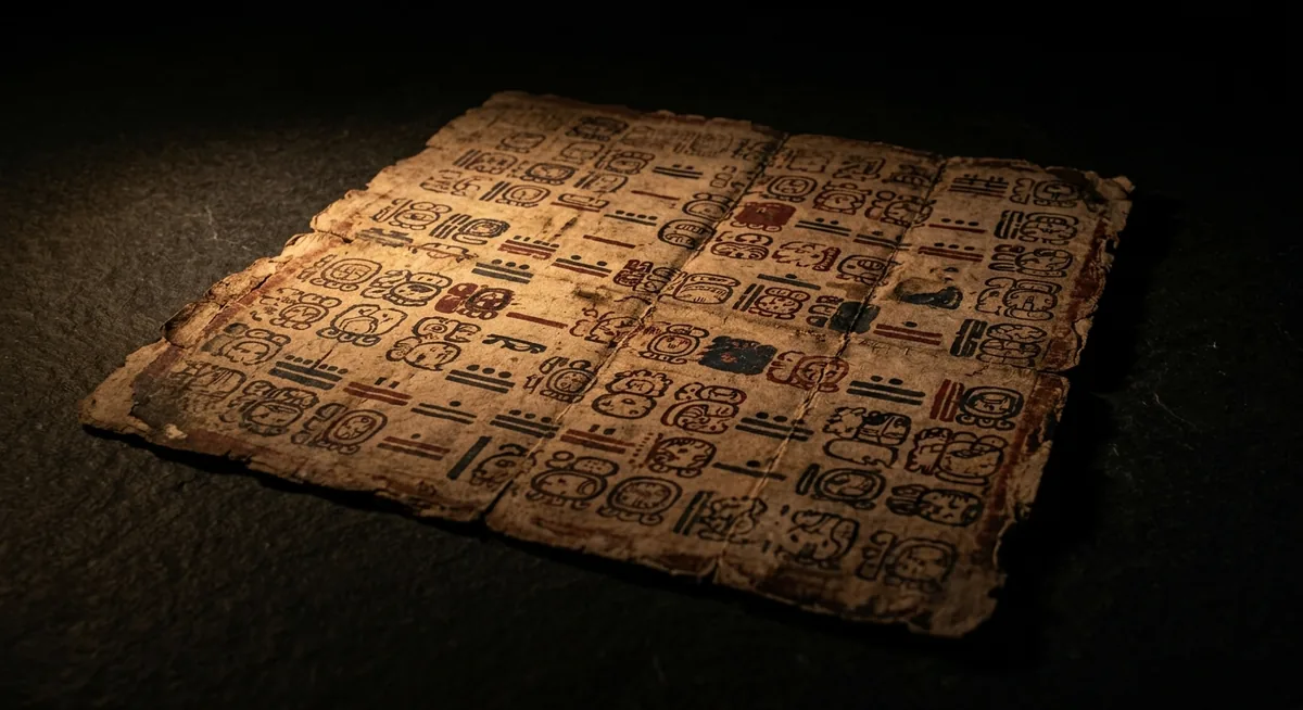 Página de um códice maia em papel de casca de figueira, coberta de glifos e numerais, sob luz âmbar focal num fundo quase preto