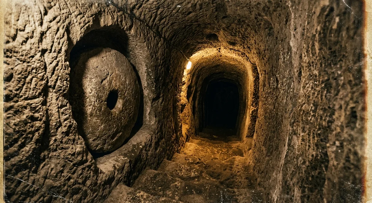 Túnel escavado na rocha vulcânica da cidade subterrânea de Derinkuyu, com uma porta de pedra circular numa lateral, sob luz âmbar focal