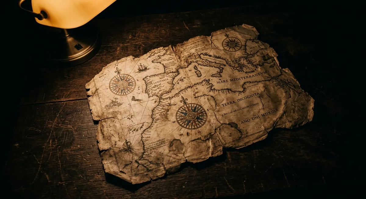 Fragmento do mapa de Piri Reis, de 1513, em pele de gazela, sobre mesa escura de arquivo, sob luz âmbar focal