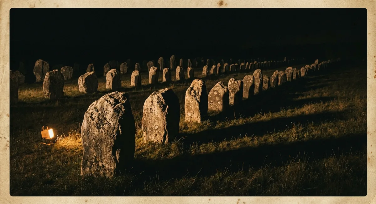 Longas filas de menires de granito de Carnac perdendo-se no horizonte num campo escuro, sob luz âmbar focal