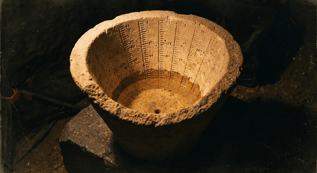 Vaso de calcário em forma de cone invertido sobre pedra escura, com fileiras de marcas talhadas na parede interna e um fino filme de água, sob luz âmbar focal