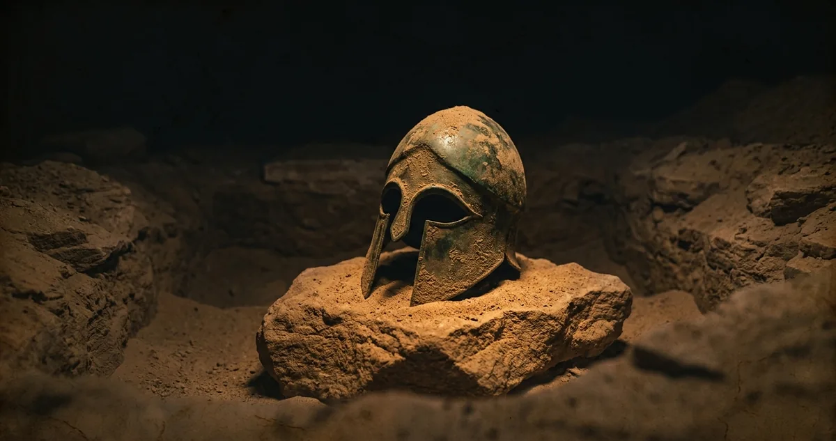 Ponta de lança de bronze e o contorno de um elmo corroído emergindo da areia ondulada do deserto ao amanhecer, sob luz âmbar focal rasante