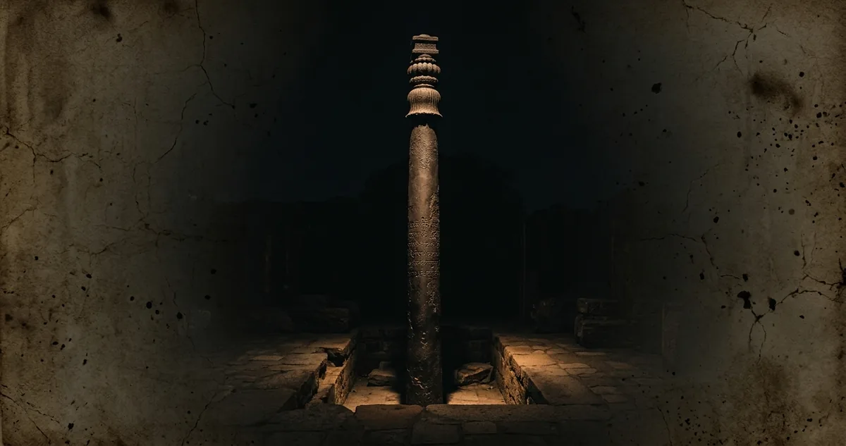 Coluna de ferro forjado sobre pedra escura, superfície lisa e sem ferrugem, com uma inscrição em sânscrito gravada na lateral, sob luz âmbar focal
