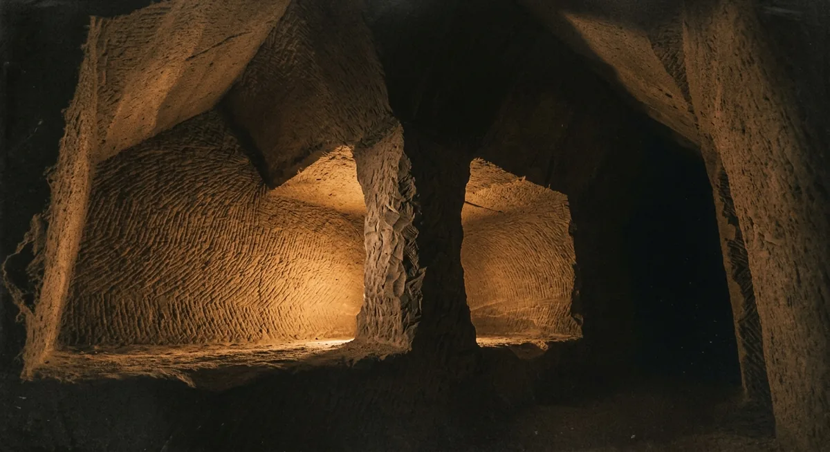 Interior de gruta colossal escavada à mão na rocha, pilar central e teto inclinado, paredes cobertas por sulcos de cinzel sob luz âmbar focal