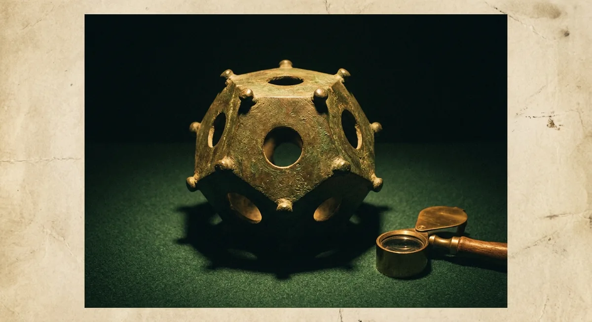 Dodecaedro de bronze oco de doze faces pentagonais, com furos redondos de tamanhos diferentes e nós salientes nos cantos, sobre feltro escuro de museu sob luz âmbar focal