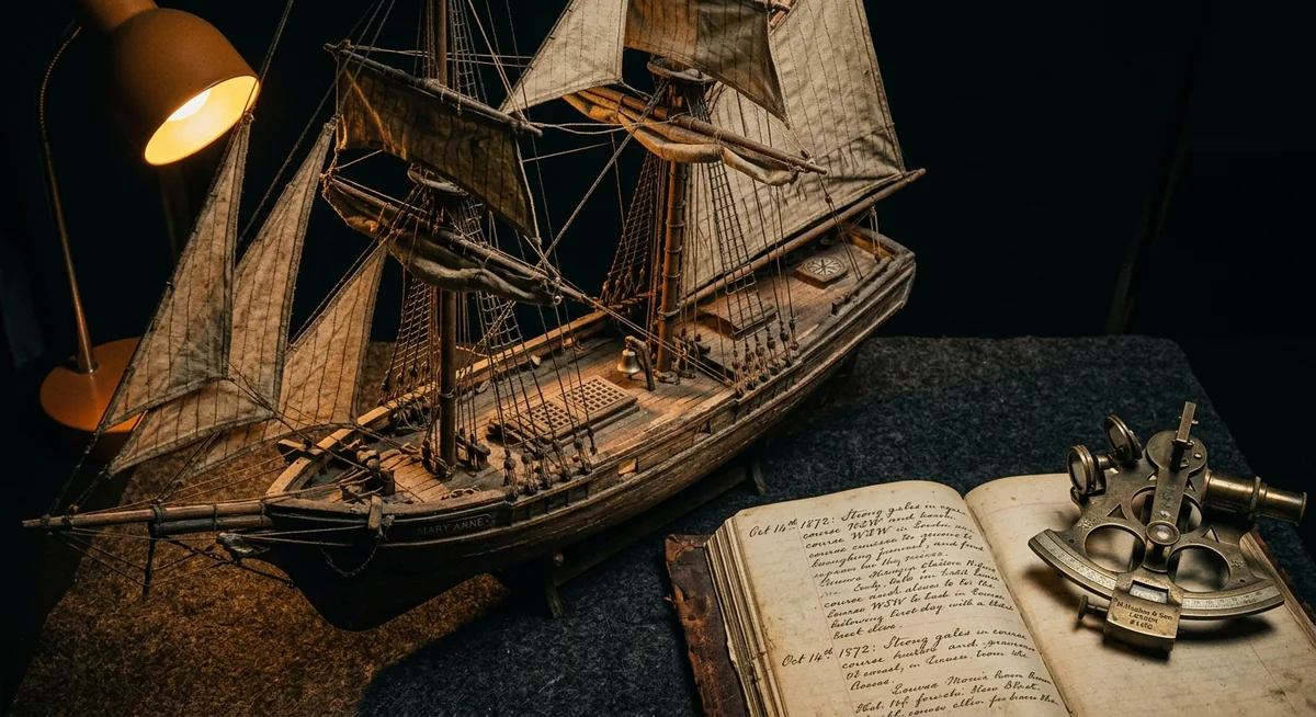 Modelo envelhecido de um brigantim de dois mastros de 1872 com velas parcialmente içadas, sobre feltro escuro de museu, ao lado de um diário de bordo aberto e um sextante de latão sob luz âmbar focal