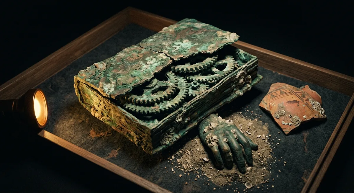 Caroço de bronze corroído do tamanho de um livro, rachado revelando engrenagens antigas encaixadas, sobre feltro escuro de museu, ao lado de fragmento de ânfora grega e uma mão de estátua de bronze, sob luz âmbar focal