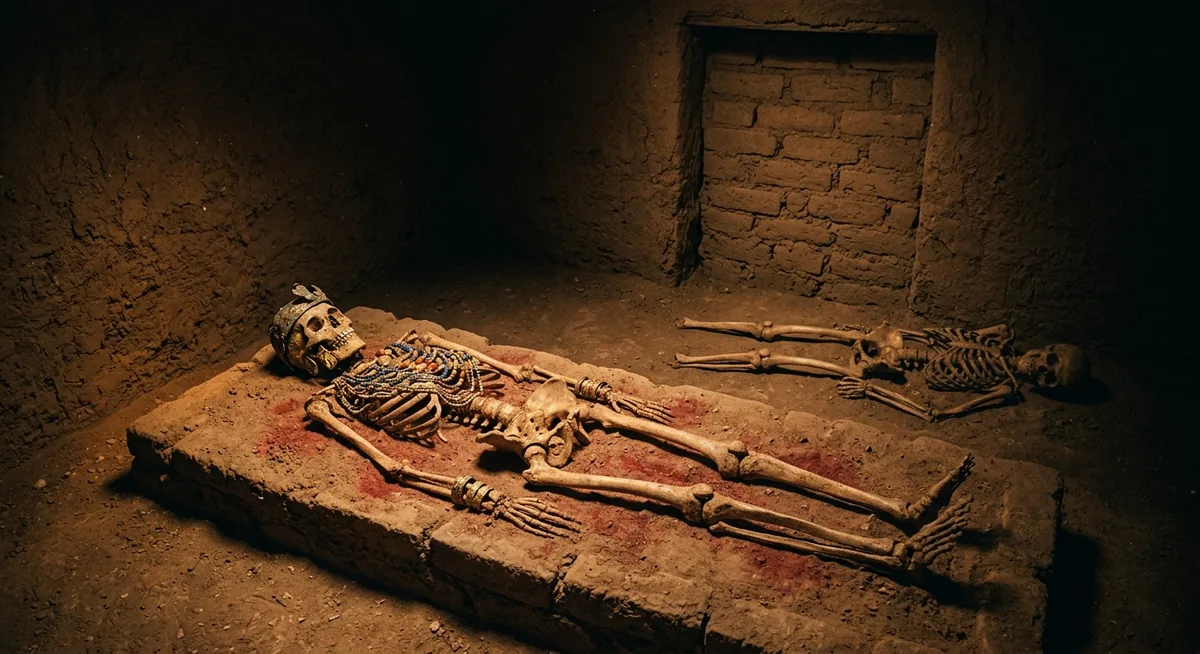 Câmara funerária moche intacta escavada na areia seca, esqueleto de alta posição coberto de ornamentos de ouro e peitoral de contas, terra manchada de vermelho de cinábrio ao redor, e um segundo corpo sem pés atravessado na porta selada, sob luz âmbar focal