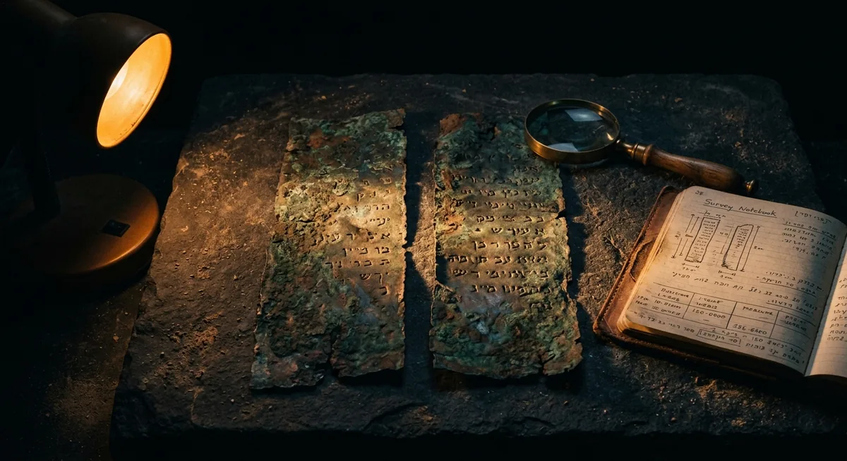 Duas folhas oxidadas de um rolo de cobre antigo, pátina verde-marrom, serradas em tiras verticais e postas lado a lado sobre pedra escura, letras puncionadas captando a luz na superfície corroída, sob luz âmbar focal