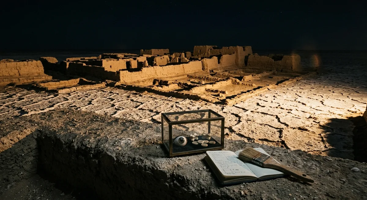 Ruínas de uma cidade antiga em mijolo cru soterrada num deserto de sal, crosta branca rachada ao redor das fundações cor de areia, uma prótese ocular e peças de jogo entalhadas expostas em primeiro plano, sob luz âmbar focal