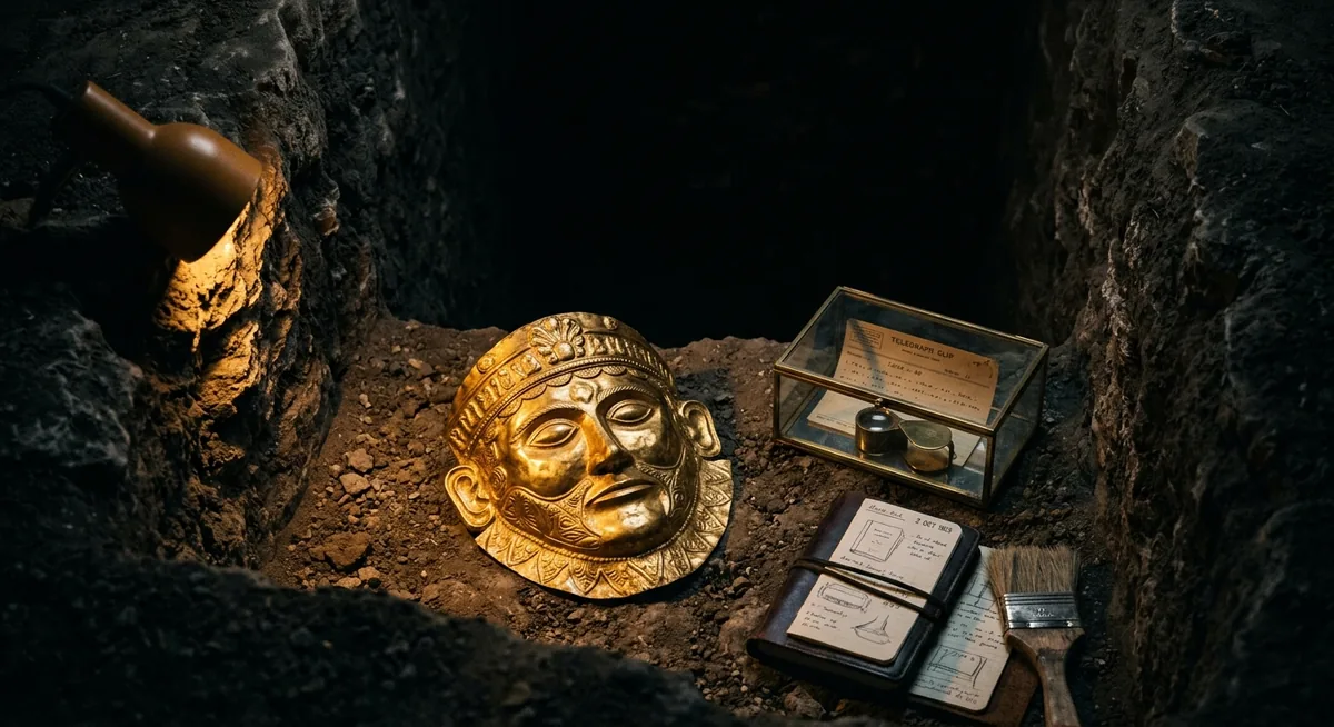 Máscara funerária de ouro batido dentro de um túmulo de poço escavado, paredes de pedra tosca ao redor, um telegrama antigo e uma lupa expostos em primeiro plano, sob luz âmbar focal
