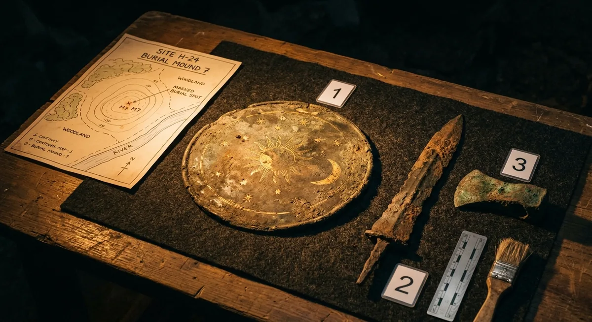 Disco de bronze esverdeado com aplicações de ouro em forma de sol, lua crescente e estrelas sobre feltro escuro numa mesa de levantamento, ao lado de uma lâmina de espada de bronze corroída e um mapa desenhado à mão de uma colina arborizada, sob luz âmbar focal
