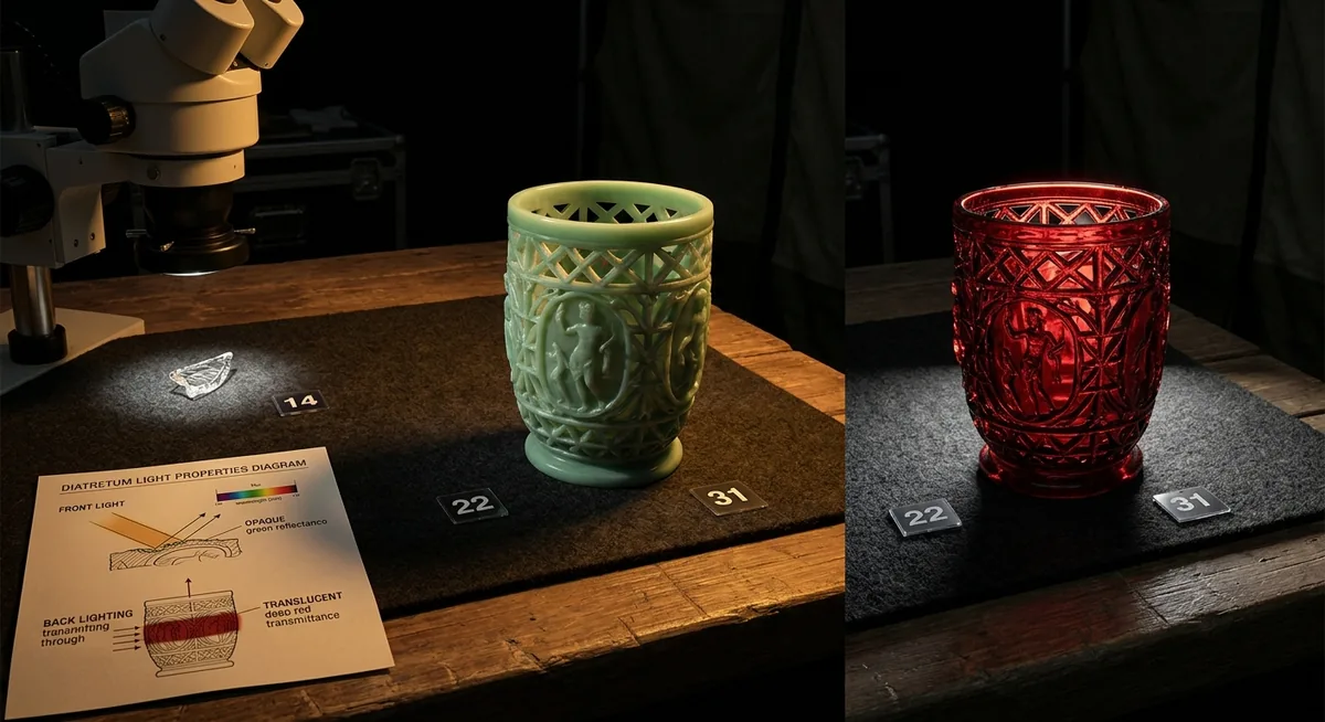 Taça de vidro romana entalhada em relevo sobre feltro escuro numa mesa de levantamento, mostrada uma vez em verde opaco sob luz frontal e uma vez em vermelho translúcido com a luz a atravessando por trás, ao lado de um caco de vidro sob lente de microscópio e um diagrama de raios de luz, sob luz âmbar focal