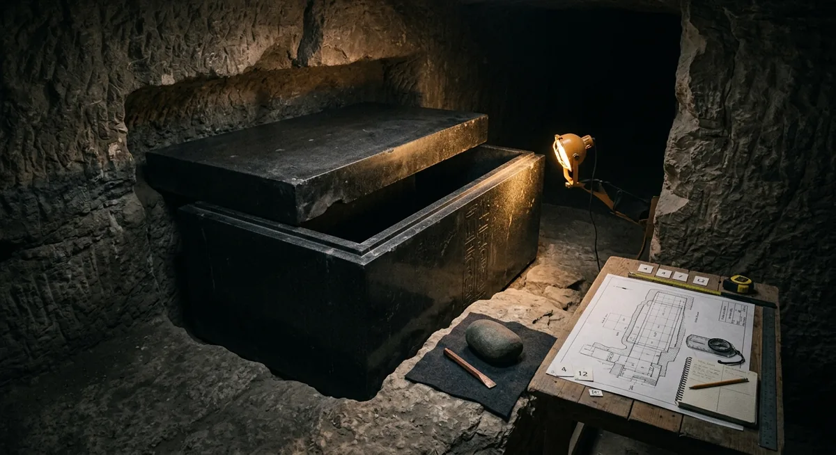 Caixa monolítica de granito polido com a tampa de pedra levemente torta, repousando num nicho ao longo de um túnel escuro escavado sob Saqqara, faces internas lisas e cantos retos, ao lado de um cinzel de cobre e uma bola de dolerito sobre feltro escuro e um diagrama da galeria, sob luz âmbar focal