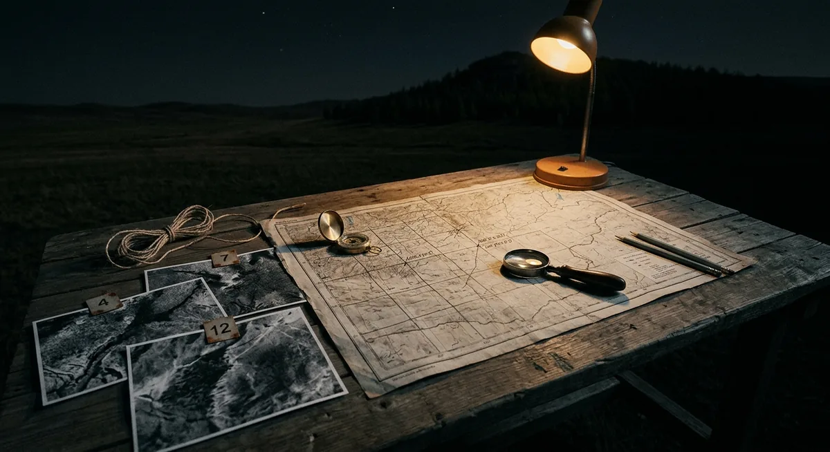 Mesa de campo ao entardecer na beira da estepe mongol, diante de uma montanha sagrada coberta de floresta ao fundo, com um mapa antigo da região de Khentii traçado com uma malha de busca à mão, uma lupa, uma bússola de latão, impressões de satélite em preto e branco fixadas com fichas numeradas e um rolo de barbante de topografia, sob luz âmbar focal, sem nenhuma cova à vista