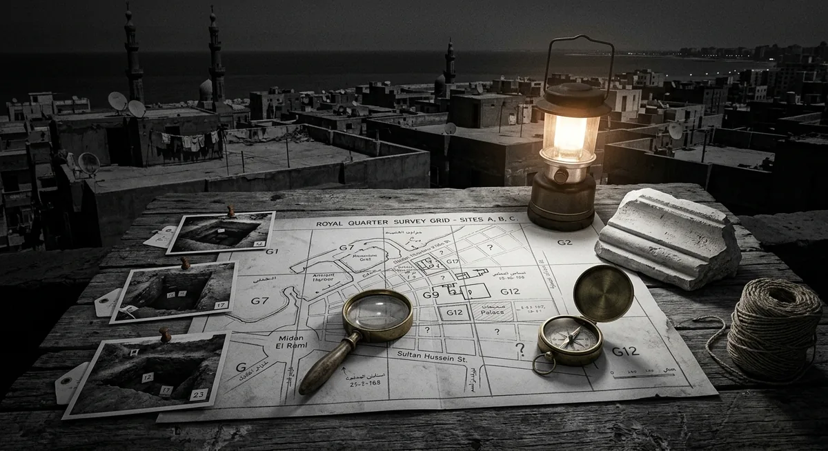 Mesa de campo ao entardecer sobre um terraço com vista para os telhados e minaretes de uma cidade litorânea do Mediterrâneo, diante de um mapa antigo da Alexandria helenística traçado com uma malha de busca à mão sobre o bairro real, uma lupa, uma bússola de latão, fotografias de escavação em preto e branco fixadas com fichas numeradas e um fragmento de cornija, sob luz âmbar focal, sem nenhuma tumba à vista