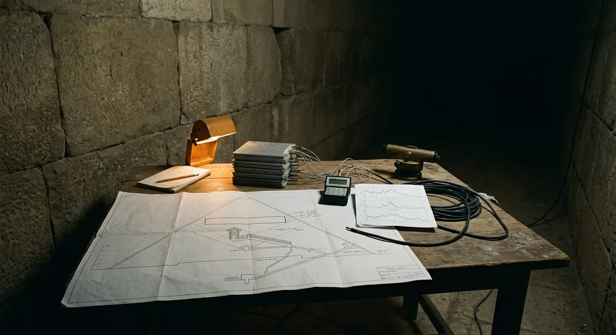 Mesa de campo à noite dentro de um corredor de blocos de calcário, com um desenho técnico de corte da pirâmide mostrando um longo espaço retangular em branco acima da Grande Galeria, placas de detector ligadas a um registrador de dados, um gráfico de contagem de partículas e um nível de latão, sob luz âmbar focal, diante de uma parede de pedra sem nenhuma abertura