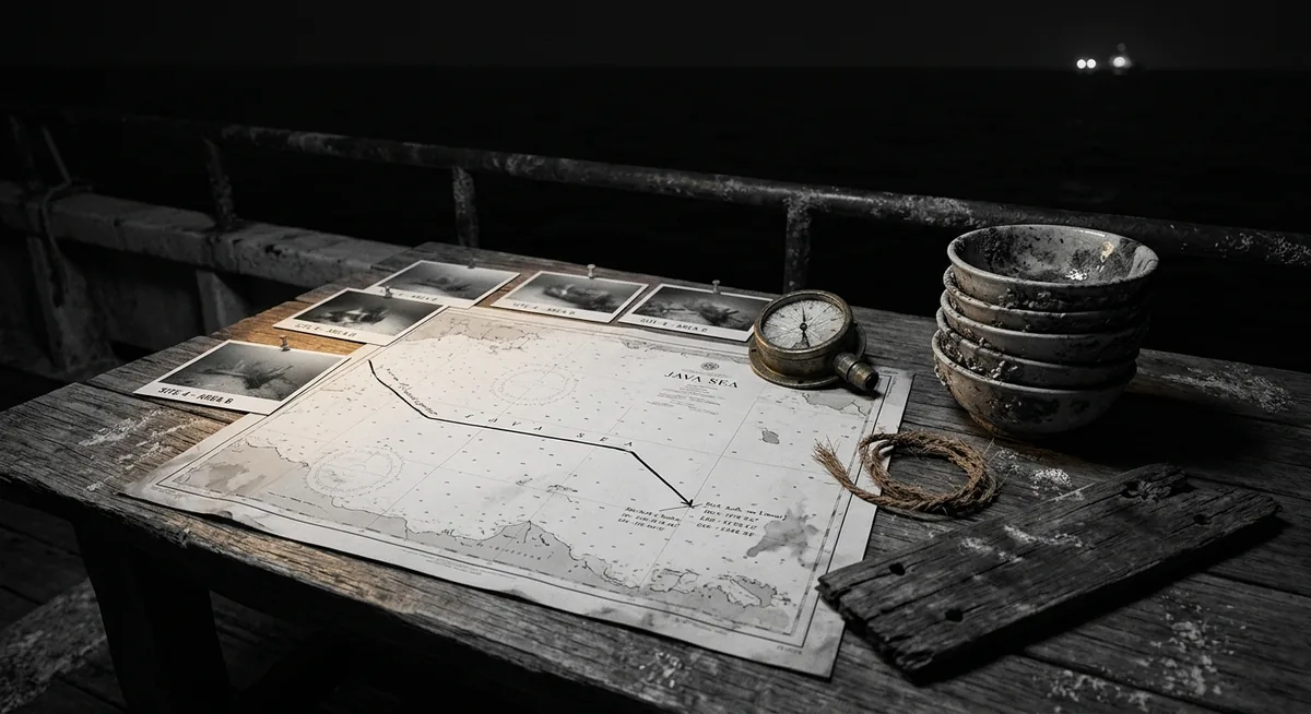 Mesa de campo à noite no convés de um pequeno barco de sondagem, com uma carta náutica do mar de Java traçada à mão até um ponto que interrompe a rota conhecida, tigelas vidradas incrustadas de sedimento, um pedaço de corda de fibra de coco e uma tábua com furos de costura e nenhum prego, um profundímetro de latão e fotografias submarinas em preto e branco fixadas com fichas numeradas, sob luz âmbar focal, diante de água aberta e escura sem terra à vista