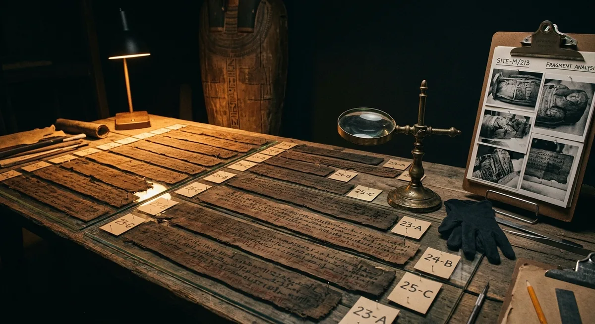 Mesa de trabalho à noite numa sala de museu com tiras de linho antigo alinhadas sob vidro, cada uma coberta por linhas de escrita em tinta vermelha e preta, uma lupa grande sobre suporte de latão, fichas numeradas ordenando os fragmentos e um sarcófago em pé, desfocado, encostado na parede ao fundo, tudo sob luz âmbar focal