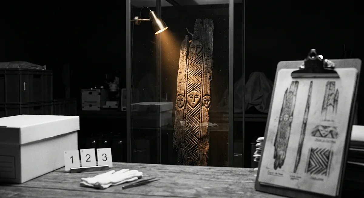 Fragmento escuro de um ídolo de madeira em pé atrás do vidro de um museu à noite, a superfície coberta por fileiras de sinais geométricos em ziguezague e por vários rostos estilizados, uma prancha de lariço enegrecida pela turfa, fichas numeradas e uma luva de conservação sobre a mesa à frente, tudo sob luz âmbar focal