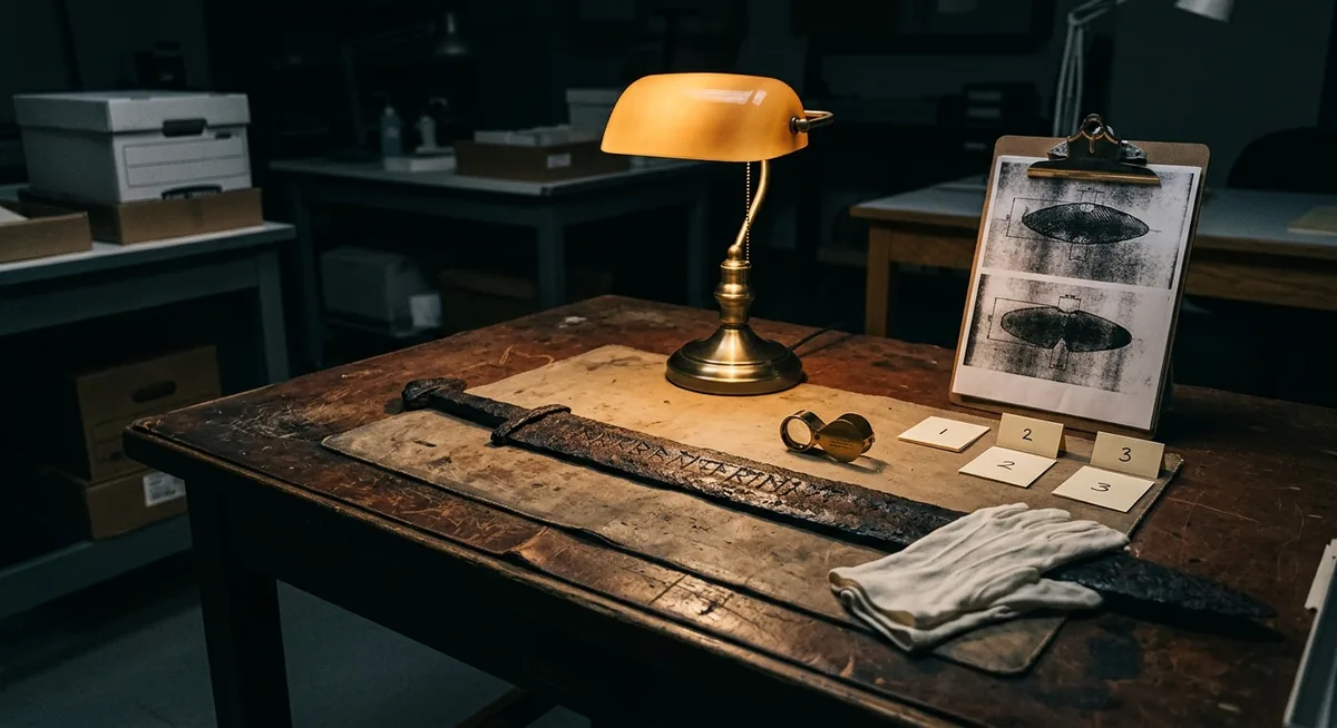 Lâmina de espada viking corroída sobre uma mesa de trabalho à noite, a parte larga da lâmina revelando letras de ferro embutidas que formam uma marca de ferreiro, aço escuro retirado de um rio, tudo sob a luz âmbar focal de uma lâmpada de leitura, fichas numeradas e uma luva de conservação ao lado