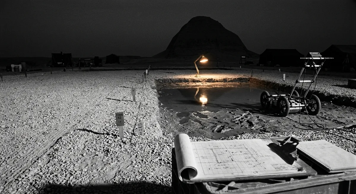 Uma ampla plataforma plana de cascalho de calcário claro fotografada à noite em ângulo baixo, com a silhueta de uma pirâmide de tijolo de barro no horizonte, estacas de topografia numeradas cravadas no chão, uma planta de sítio enrolada e uma lâmpada de leitura lançando luz âmbar focal sobre o terreno, um carrinho de radar de solo parado na borda e uma cova rasa cheia de água escura refletindo a luz